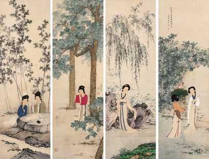 陈少梅 庭院仕女（四幅） 镜心